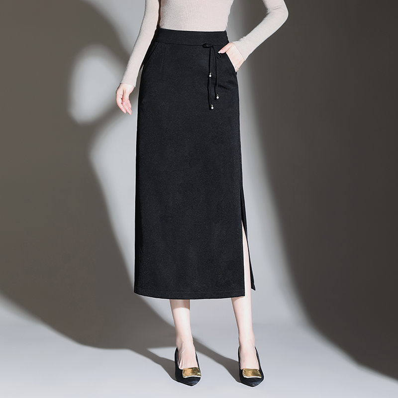 黑色提花开叉包臀裙女高腰秋款气质修身半身裙中长款通勤一步裙子