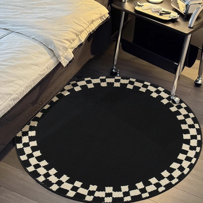 圈绒棋盘格圆形地毯化妆椅地垫高级感客厅卧室床边毯房间家用脚垫