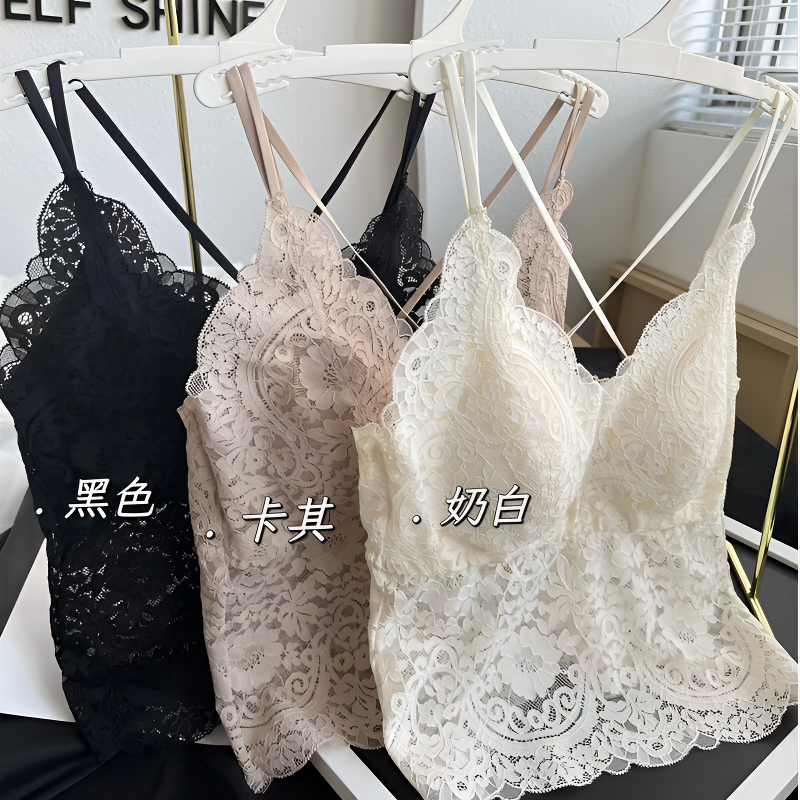 法式蕾丝刺绣美背内衣性感V领吊带背心带胸垫文胸外穿内搭交叉