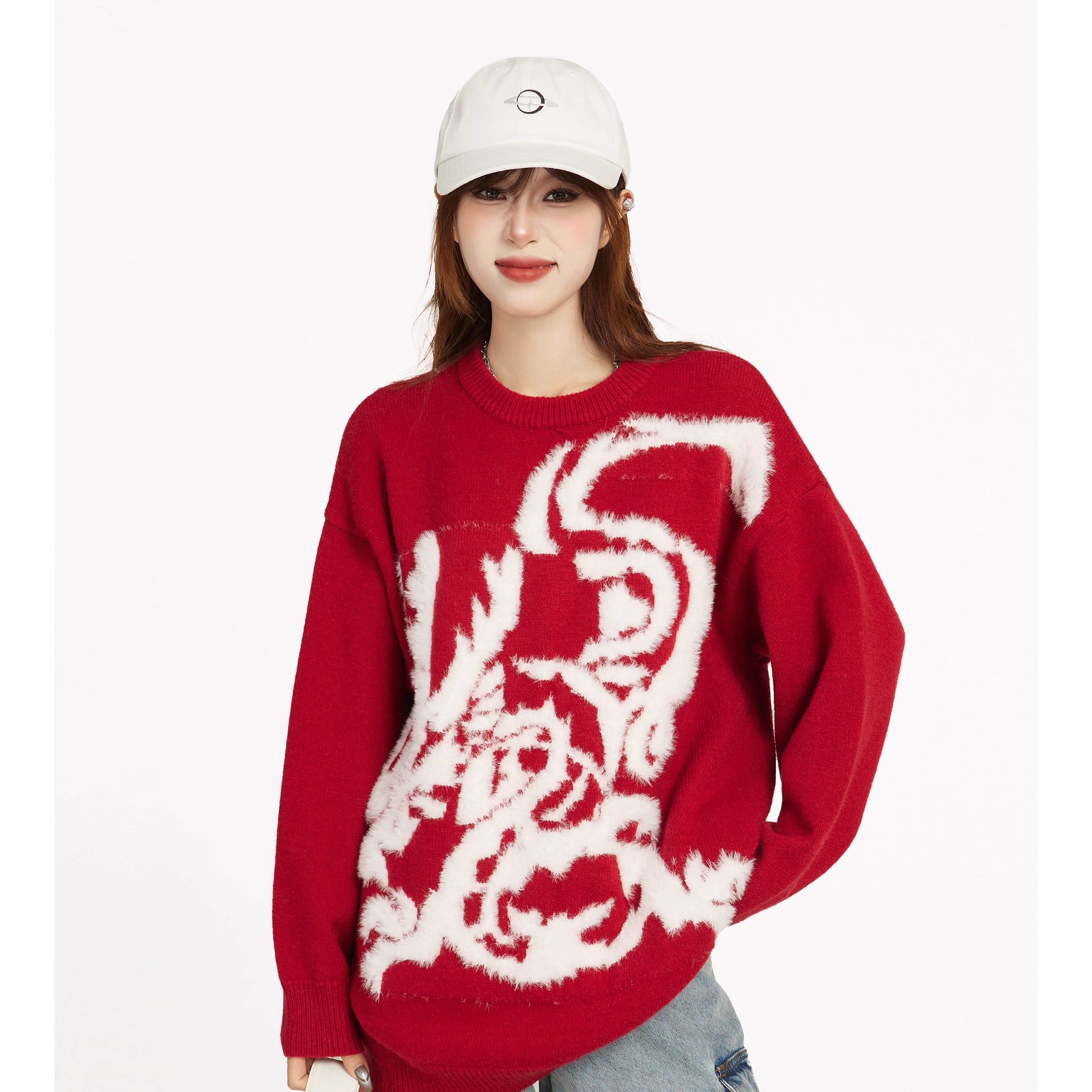 新年过年红色套头毛衣女秋冬冬季慵懒风宽松龙年浣熊绒设计感小众