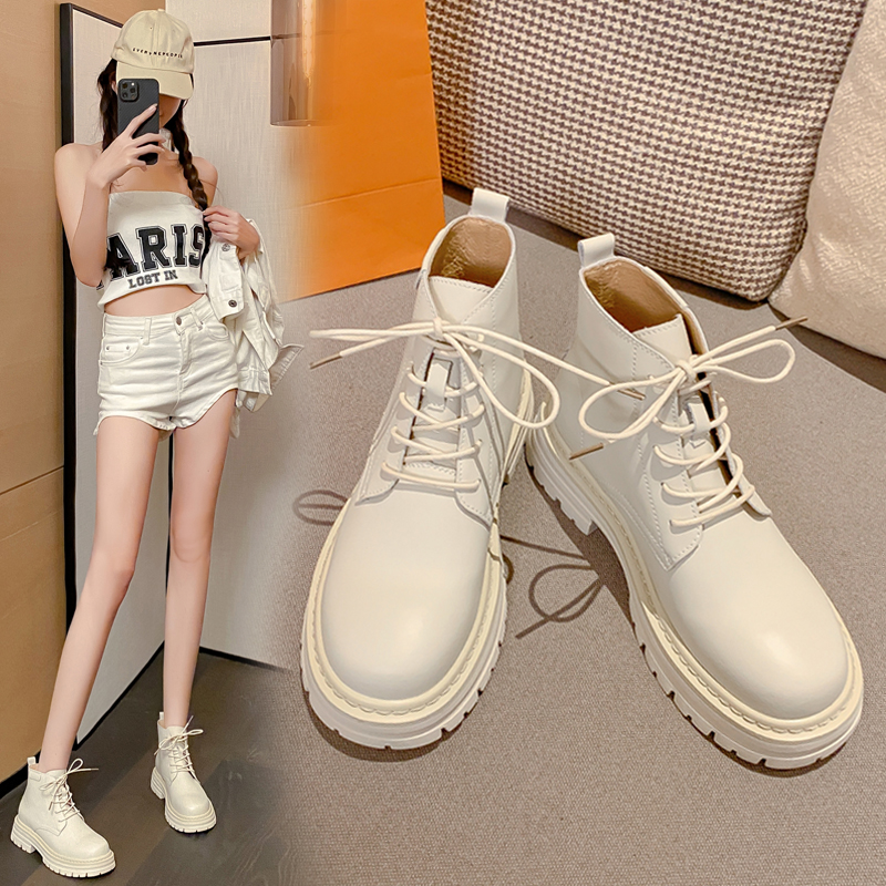 23002夏季薄款马丁靴女新款春秋靴子短筒真皮炸街洋气小短靴白色