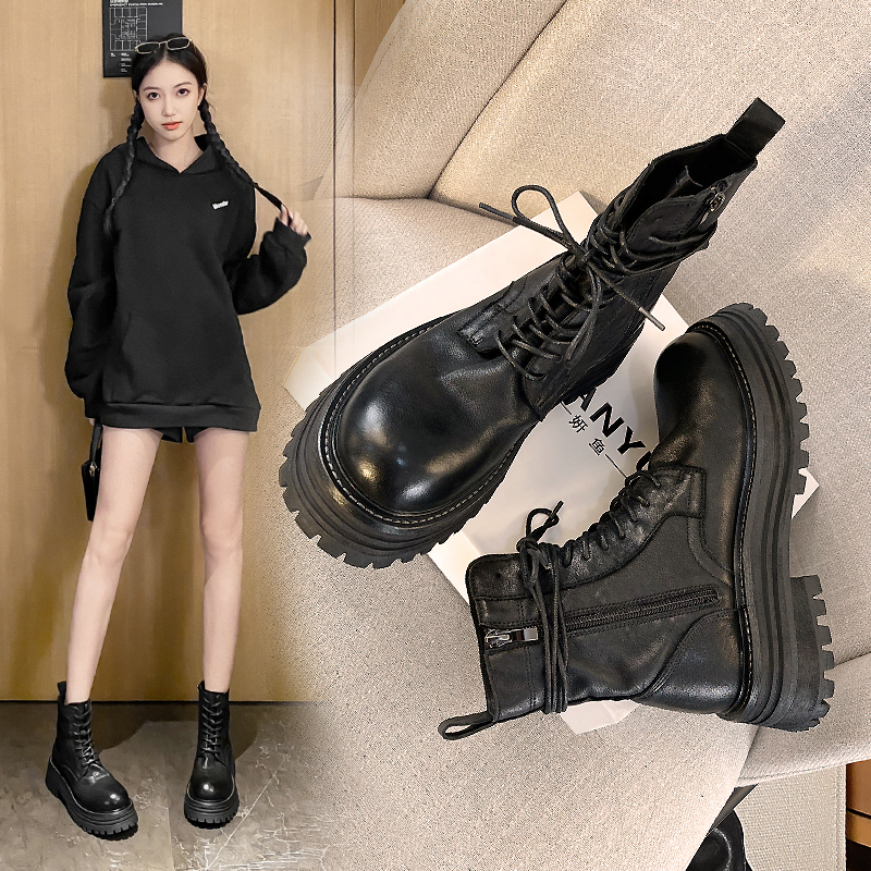 软皮马丁靴女2023新款秋冬真皮厚底小短靴网红百搭复古美拉德靴子