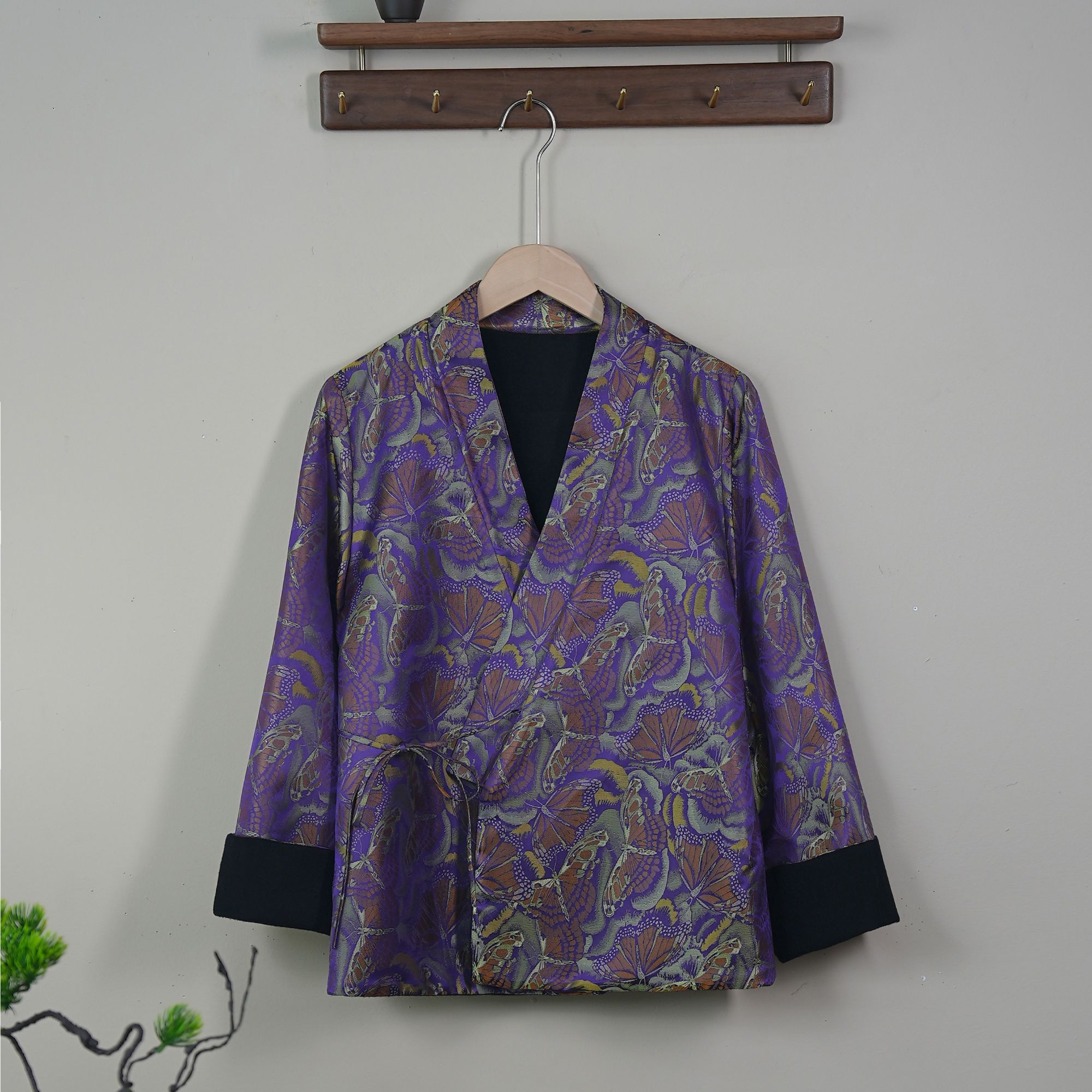 清版【七彩蝴蝶双面】桑蚕丝宋锦羊毛双面穿气质时尚中式V领外套