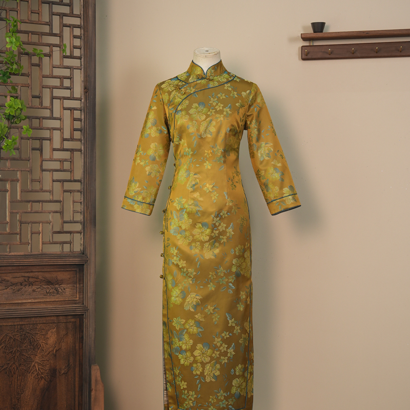 【雅韵】桑蚕丝宋锦秋冬新款日常时尚气质中式国风长袖修身旗袍