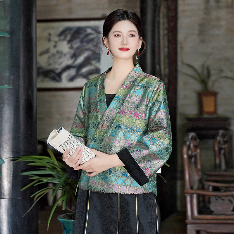 清版【龟背双面】桑蚕丝宋锦羊毛双面穿气质时尚中式V领外套