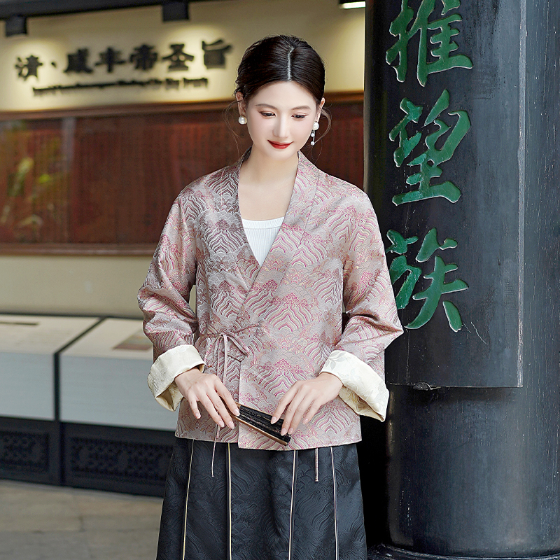 俏东方粉色海水江崖纹新款宋锦日常气质中式国风百搭V领双面外套