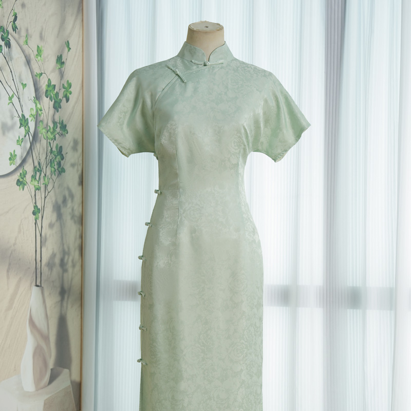 【313-3绿色繁花】桑蚕丝连肩短袖优雅气质国风中式真丝修身旗袍