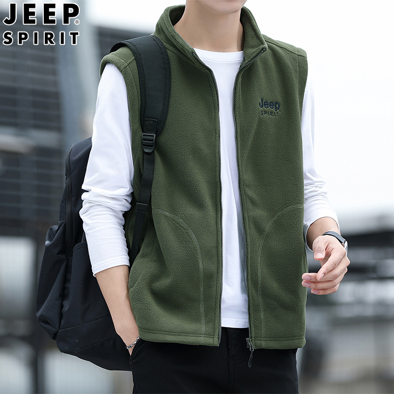 JEEP吉普摇粒绒加绒男士背心坎肩休闲马甲秋冬款抓绒保暖外套马夹