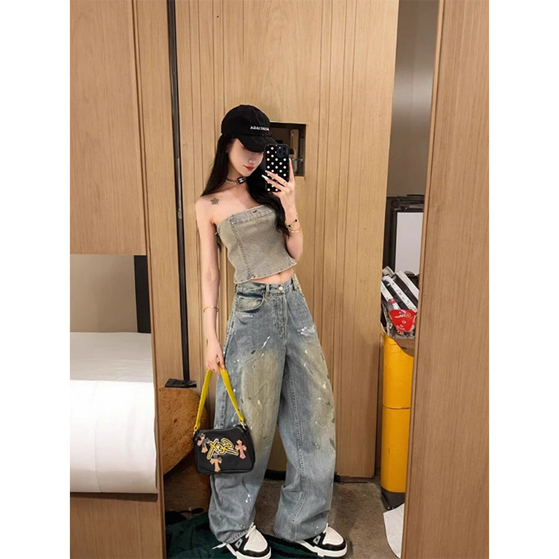 卡盛浅蓝色牛仔裤女2024夏季新款美式做旧水洗设计感脏墨点直筒裤
