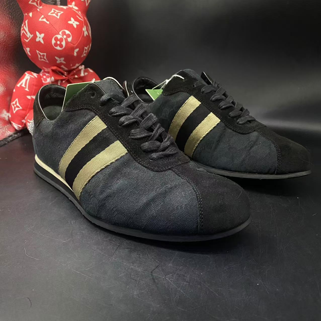 【AO福利】GUCCI/古驰 42欧码 男士黑色帆布老花圆头平底鞋ao295