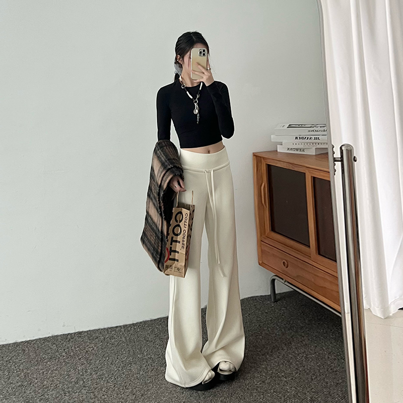冬季新款加绒宽腰抽绳毛呢裤女宽松显瘦休闲裤垂感百搭毛呢阔腿裤