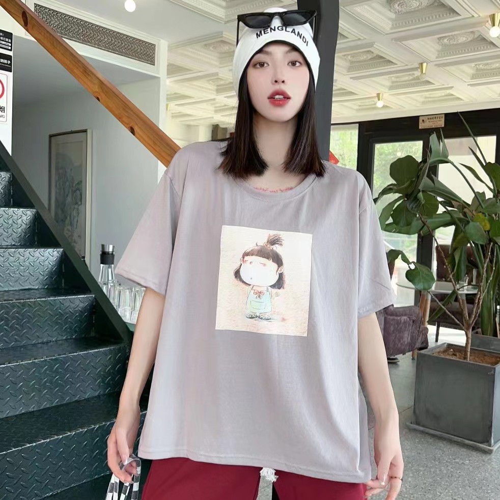 夏季简约印花宽松休闲百搭t恤