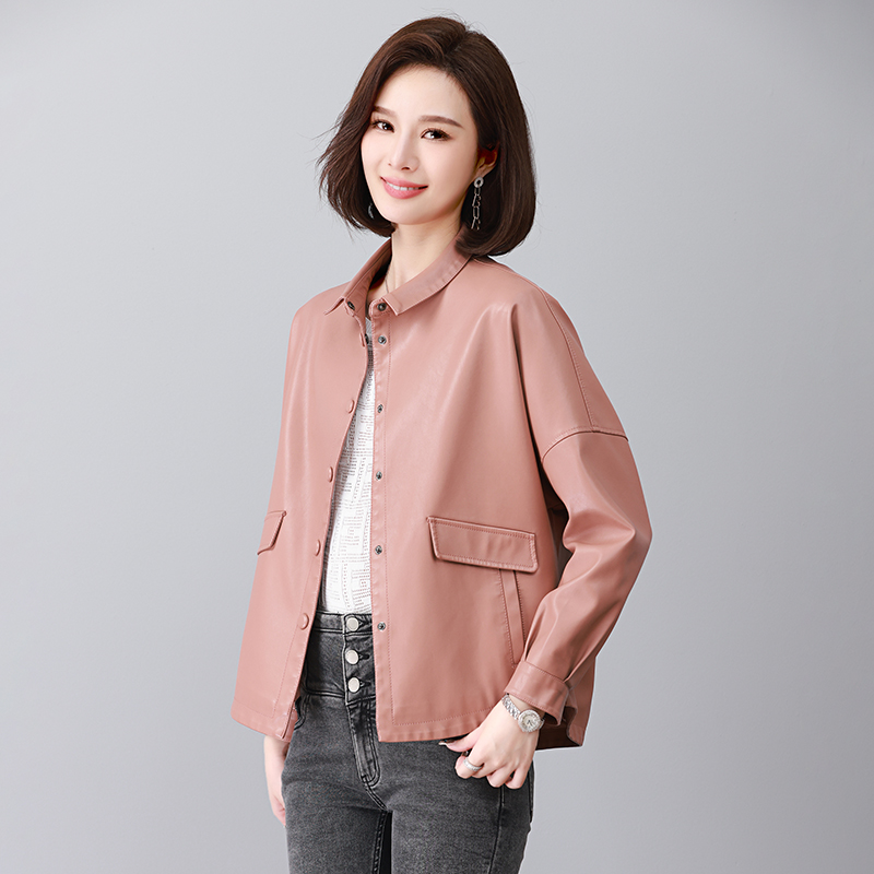 【娟娟】秋季海宁正品女短棉款宽松显瘦皮衣大码韩版皮夹克衬衫
