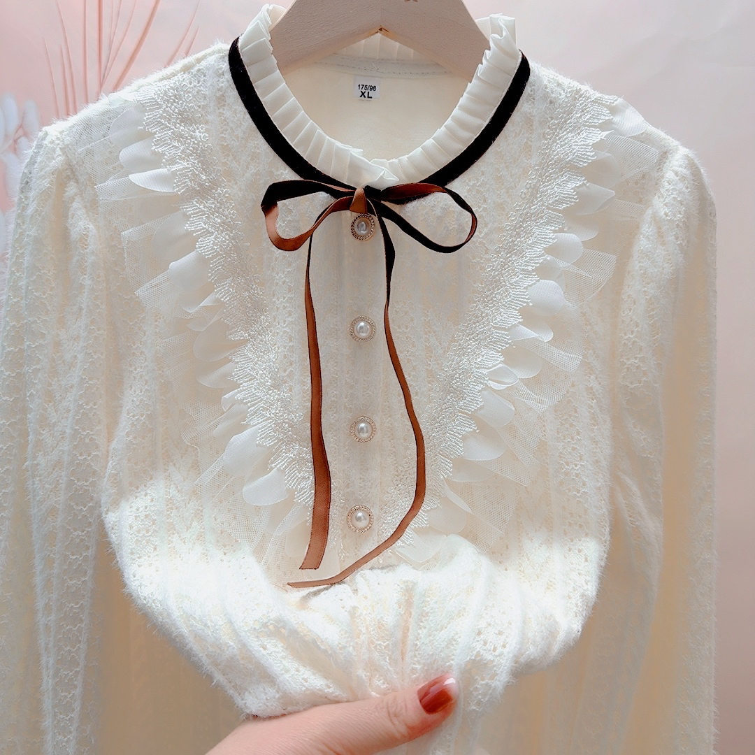 蕾丝气质长袖衬衫宽松显瘦外穿加绒加厚时尚洋气减龄打底上衣冬新