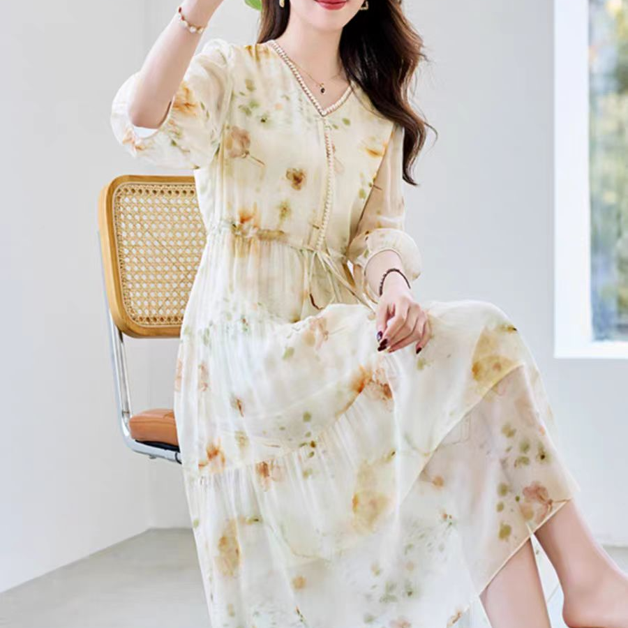 真丝桑蚕丝连衣裙女2024夏季新款国际大品牌杭州高端轻奢中袖长裙