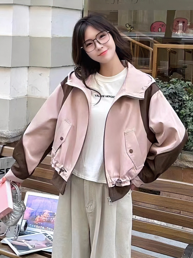 春季新款韩版连帽宽松短款拼色外套时尚夹克衫假两件上衣女