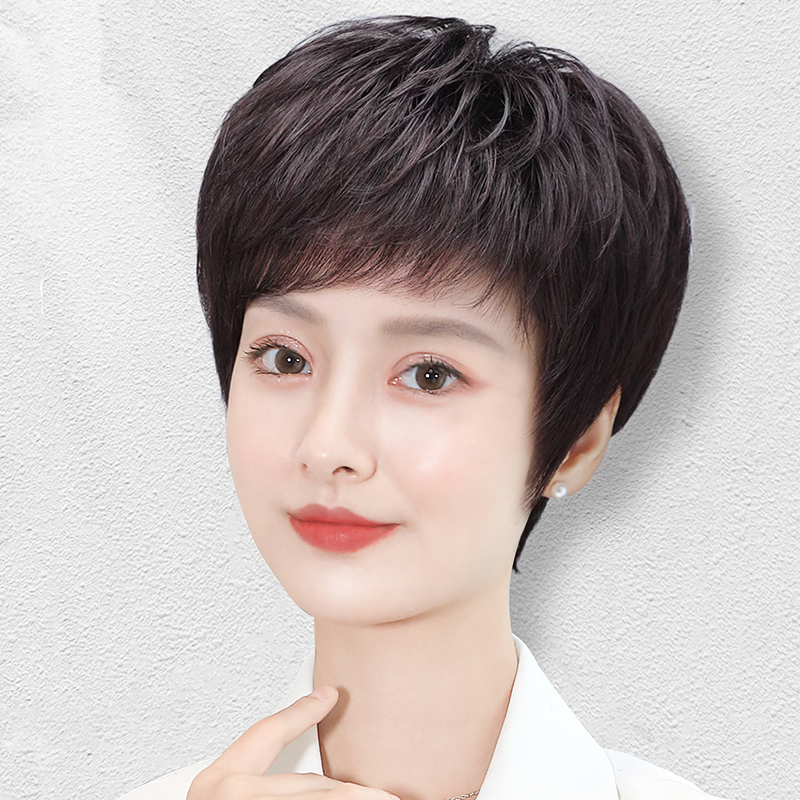 假发女短发真发全真人发中老年妈妈款女士全头套自然式透气假发套