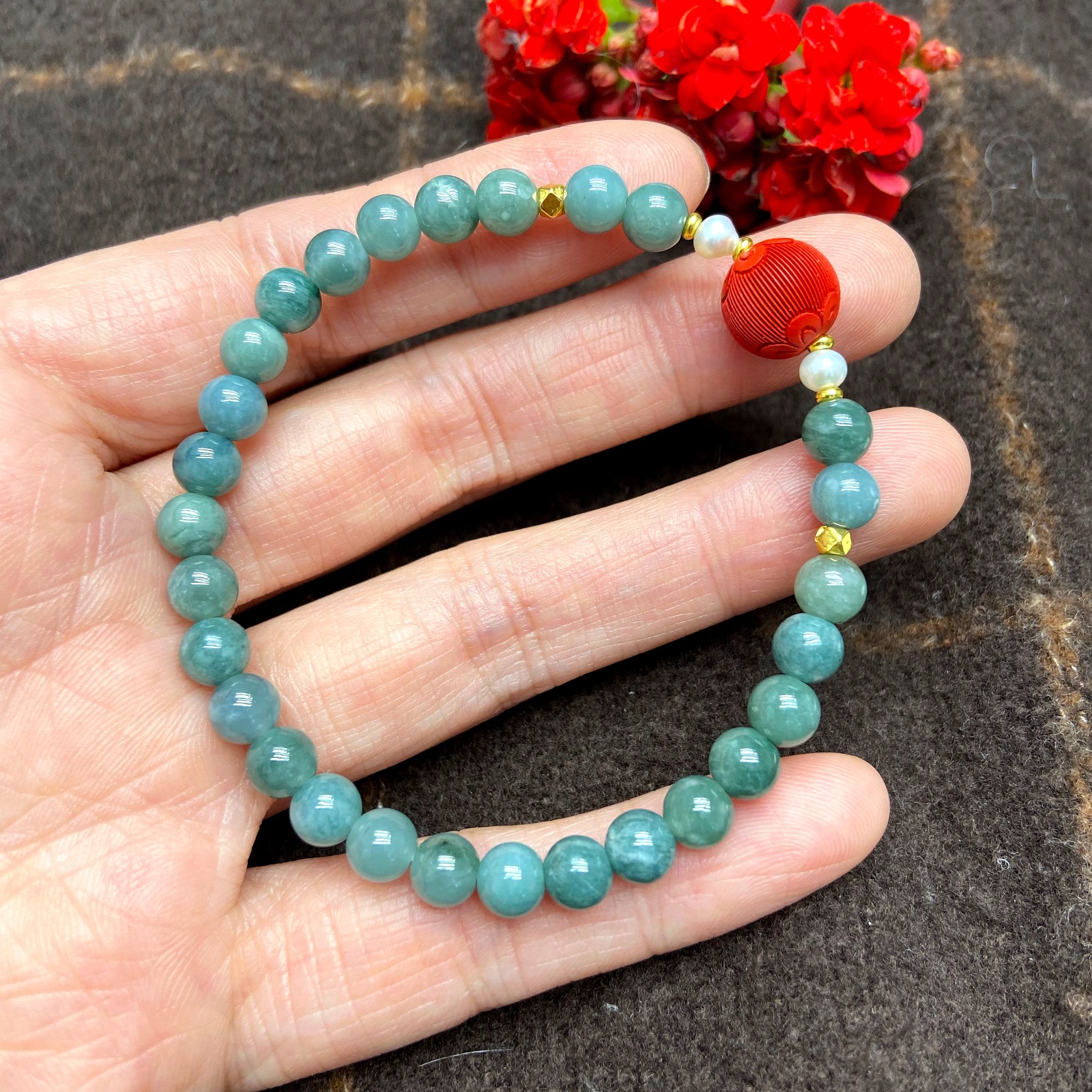 原创设计天然A货蓝水翡6mm手链手串搭配天然高含量灯笼朱砂