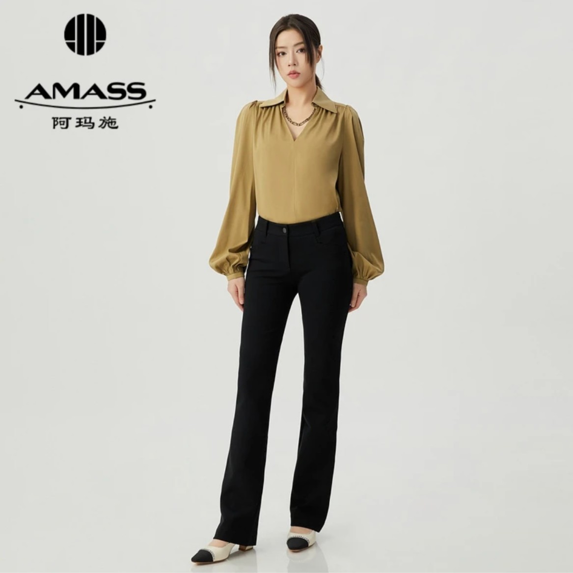 AMASS/阿玛施 休闲通勤加绒保暖裤中腰直筒裤厚款长裤子5100144