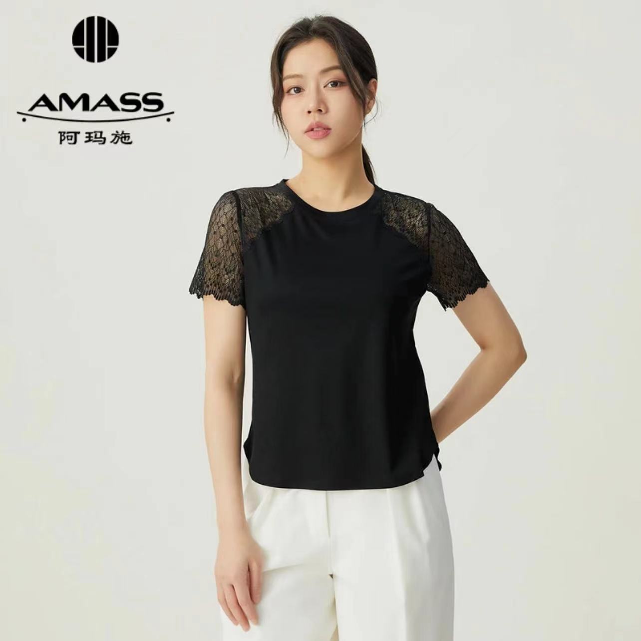 AMASS/阿玛施夏季镂空通勤风圆领百搭套头女士拼接蕾丝t恤5301053
