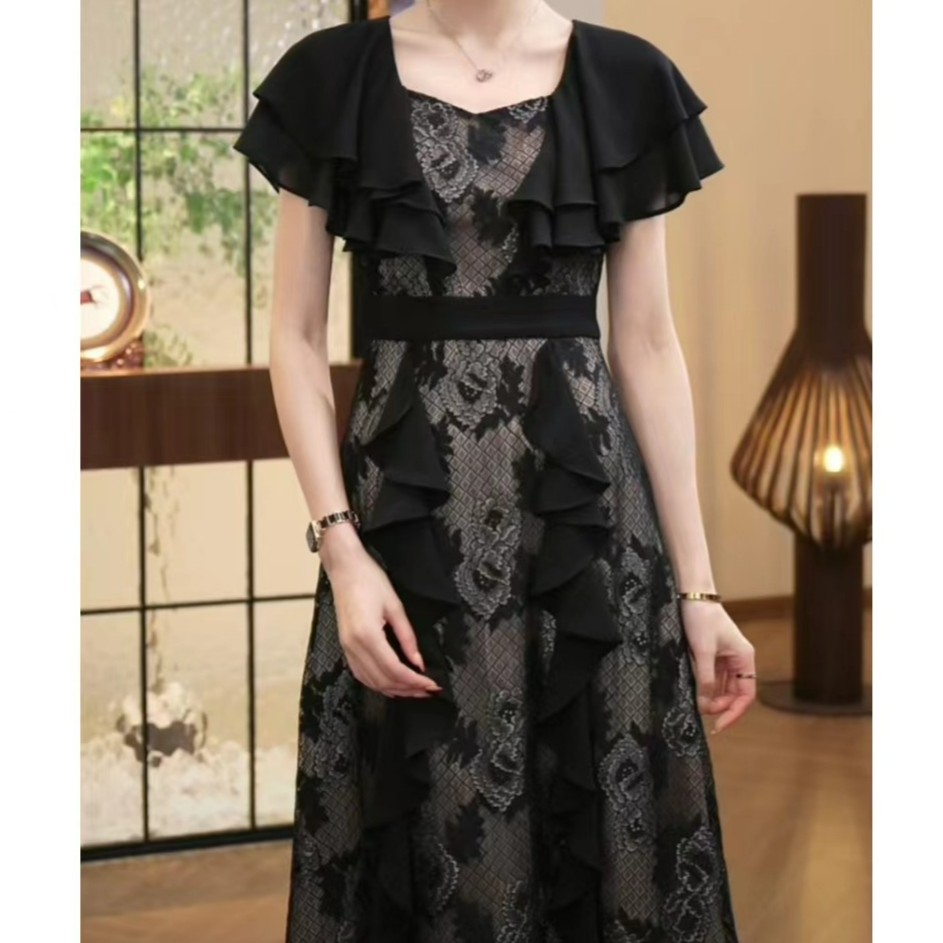 现货2025夏季新款【DD-81】气质轻奢显瘦女装a字蕾丝黑色复古连衣裙