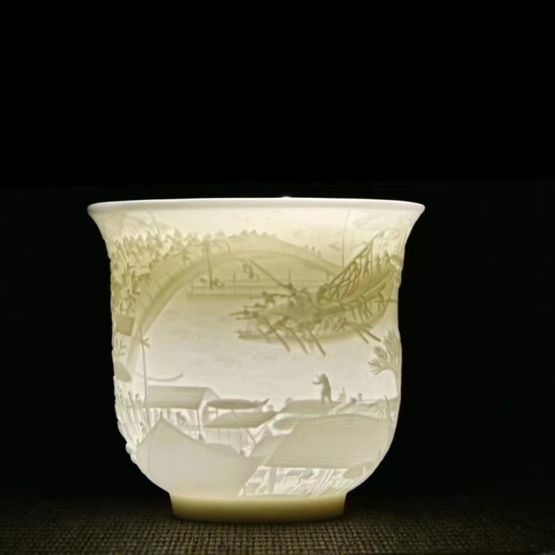 白瓷功夫茶杯清明上河图浮雕主人杯单杯（正月）