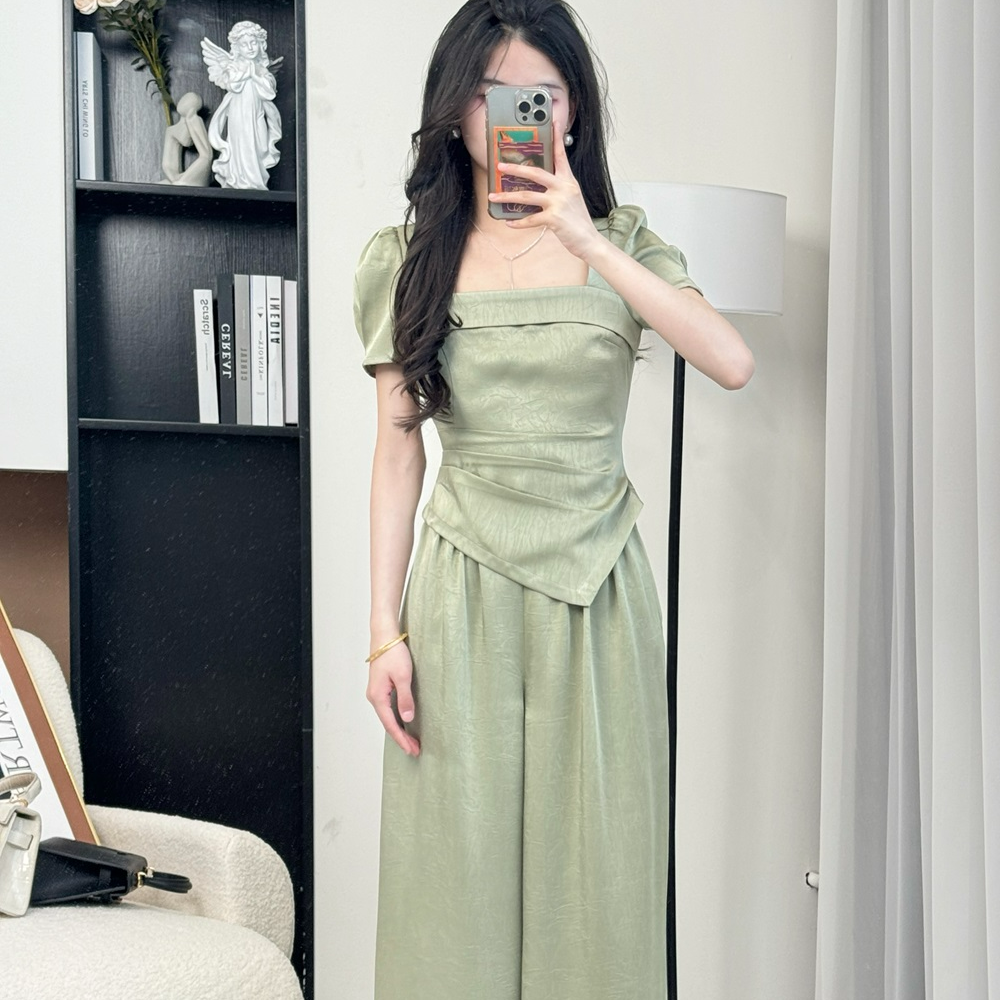 拉夏贝尔25现货清仓休闲清凉高腰气质显瘦上衣+阔腿裤 2086 KQC