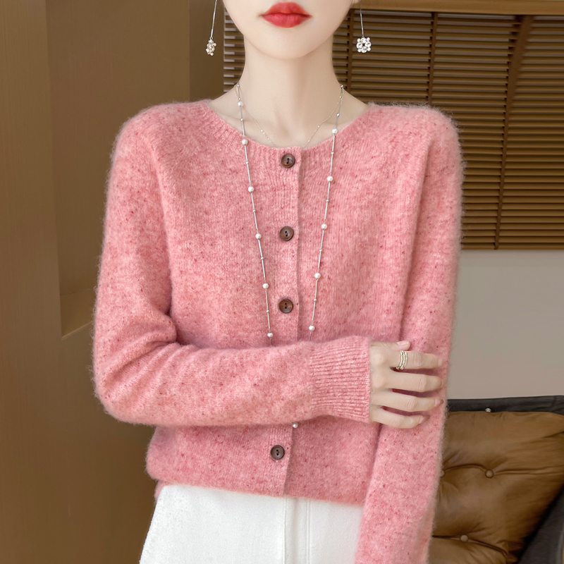 100%羊毛衫女圆领开衫点子纱宽松加厚外套打底针织衫新款系扣毛衣