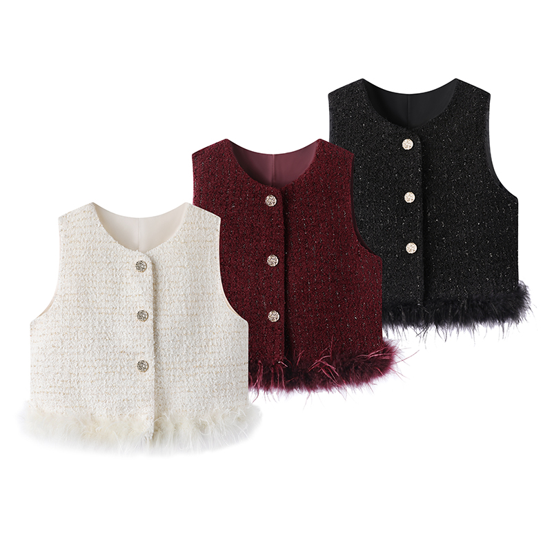 YUNSHANG  TOWN/云赏小镇秋季名媛毛毛无袖上衣单排扣马甲外套女