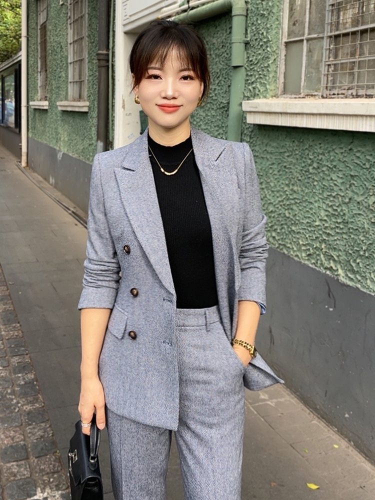 Q1013灰蓝色羊毛呢西装女外套春装通勤气质修身显瘦职业西服套装