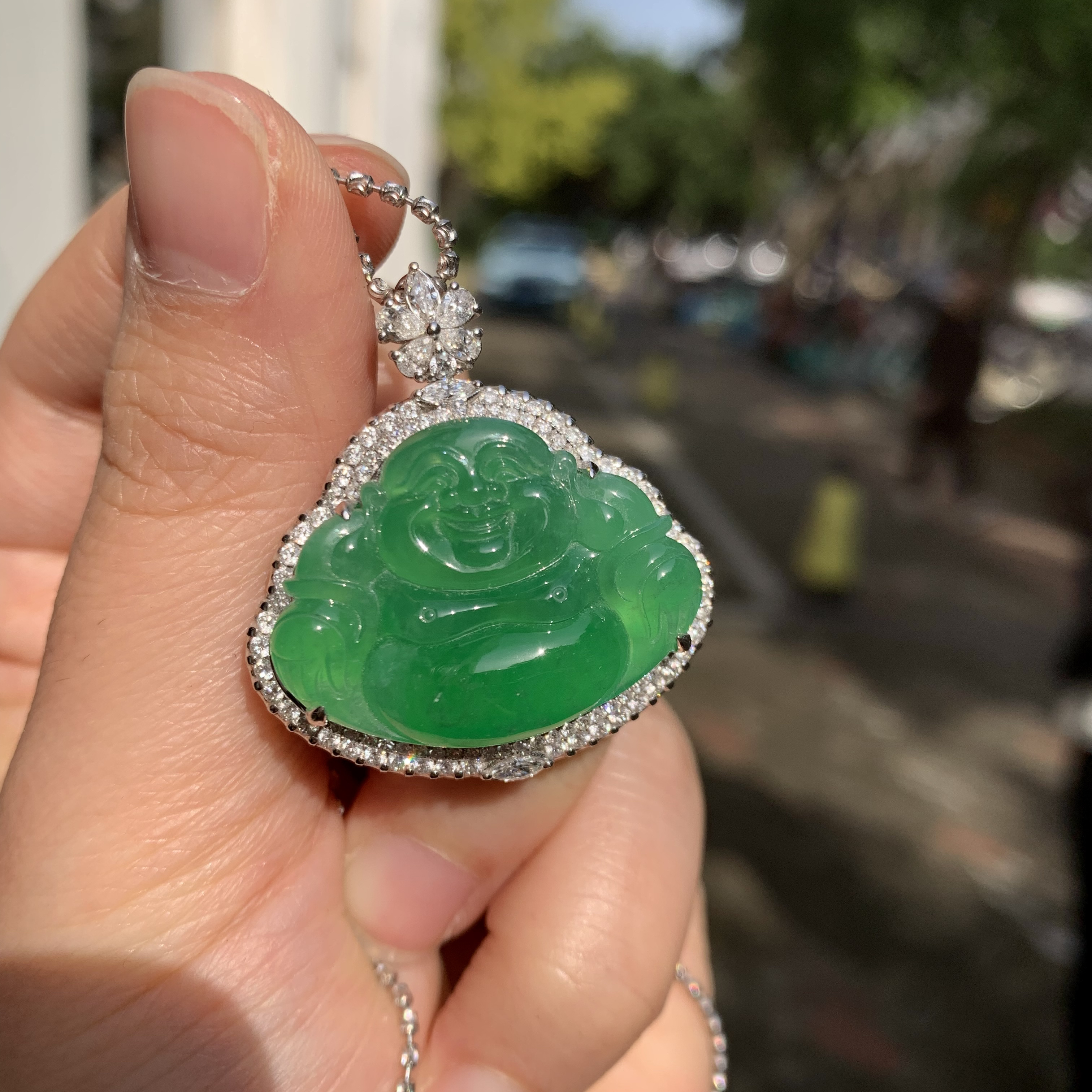 翡翠冰种木那绿佛公吊坠（不含链）裸石尺寸20.8x27.8x5.6mm