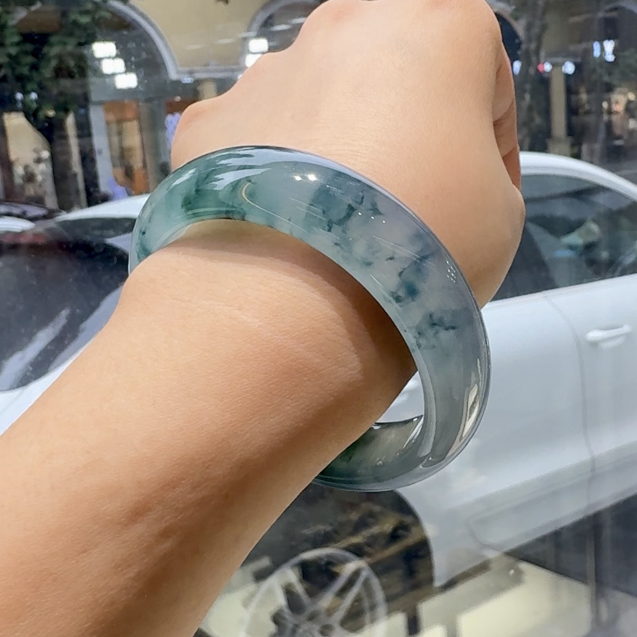 翡翠保真基地53号圈手镯高冰飘蓝花种水色花水墨丹青