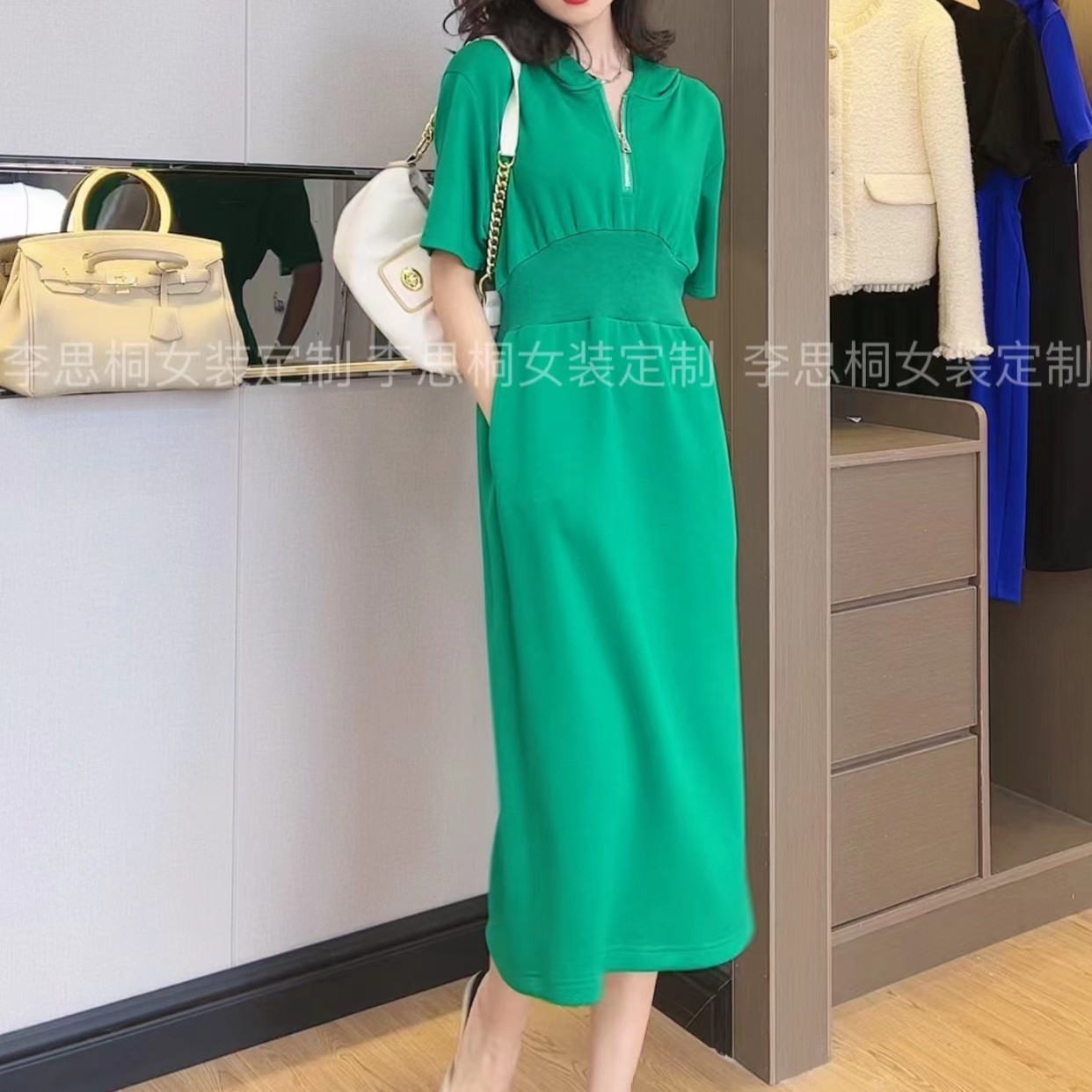 欧颍昇思桐【缤纷夏日】连帽遮肉显瘦连衣裙 休闲收腰中长款裙子