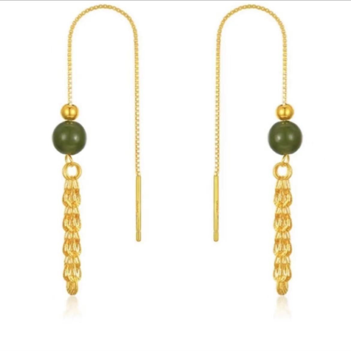 【中国足金】足金999金珠凤尾和田玉耳线时尚经典百搭