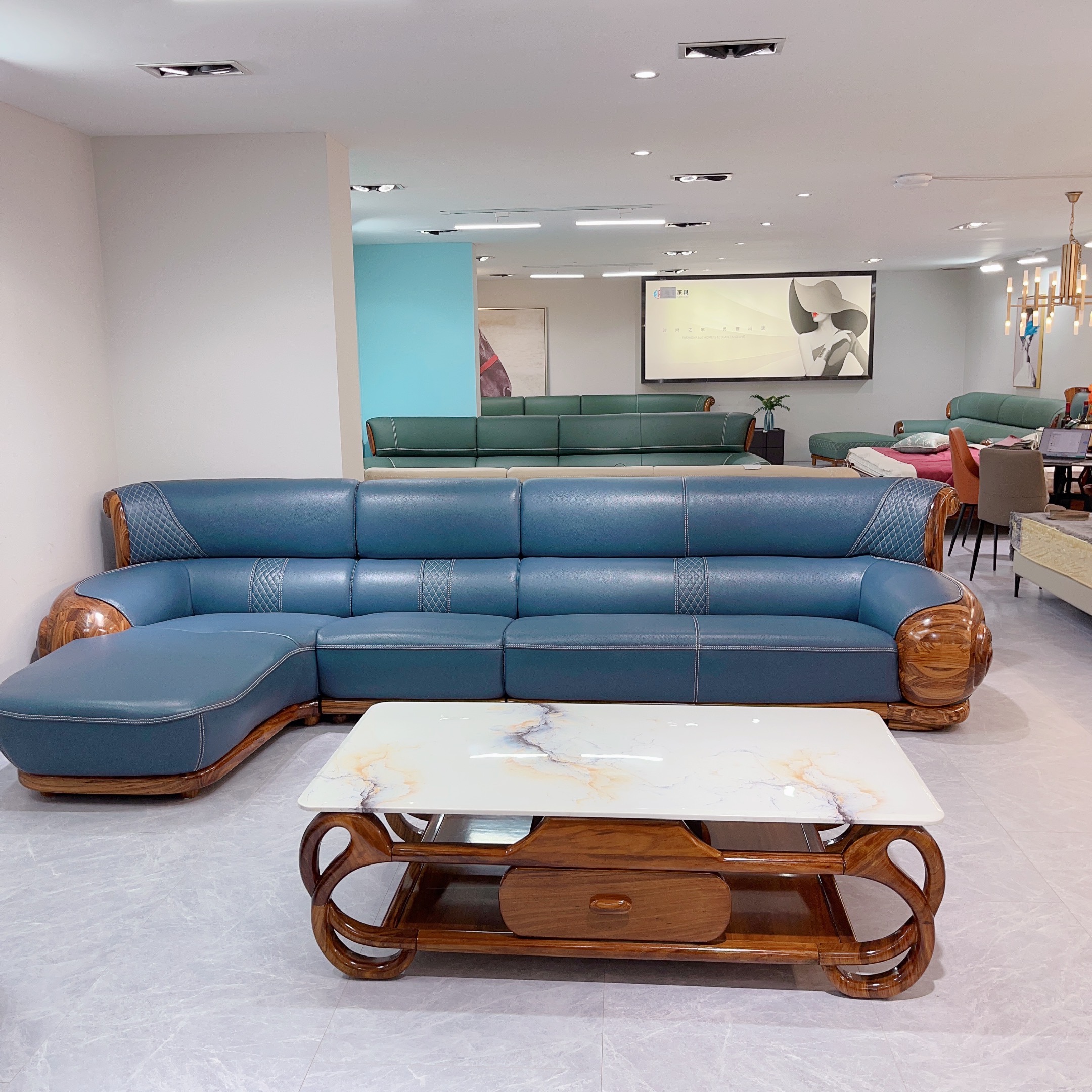 高端奢华乌金木头等舱头层牛皮沙发转角贵妃3.8米别墅款沙发客厅