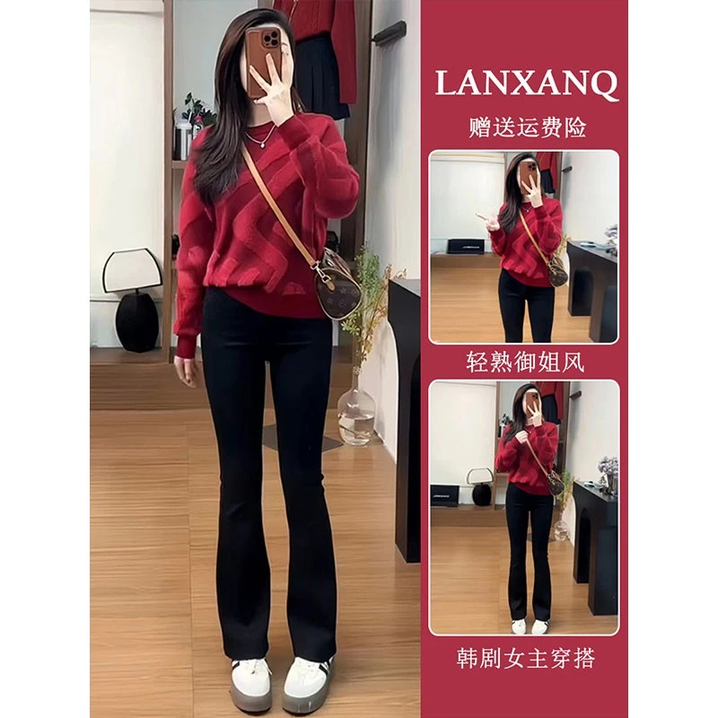 2025秋冬网红小个子韩剧女主穿搭套装今年流行红色休闲毛衣两件套