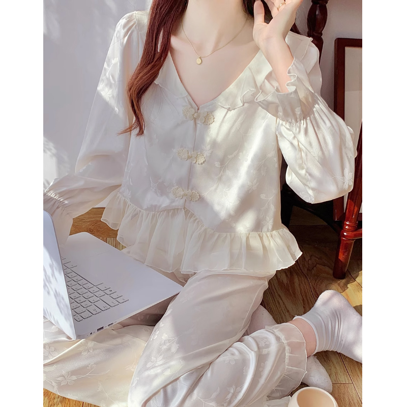  查理夫人【颜芙】设计感丝滑睡衣长袖女士家居服宽松套装睡衣