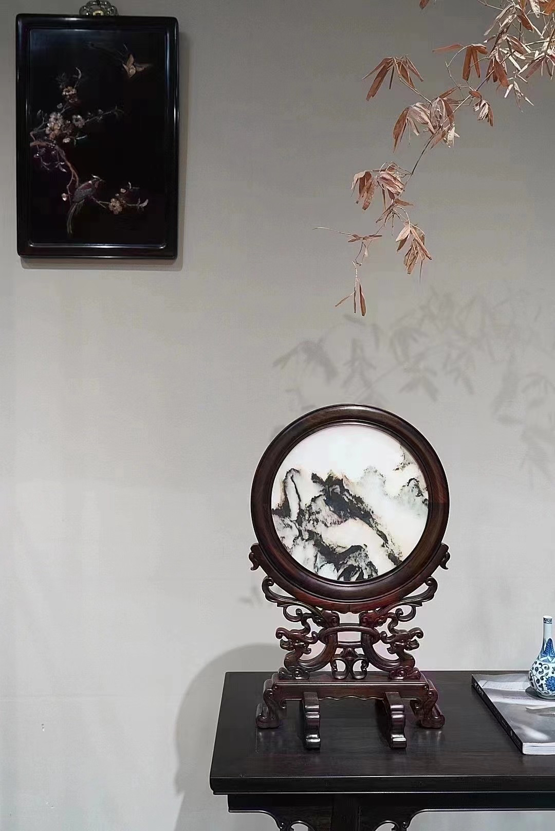 大红酸枝云石屏风