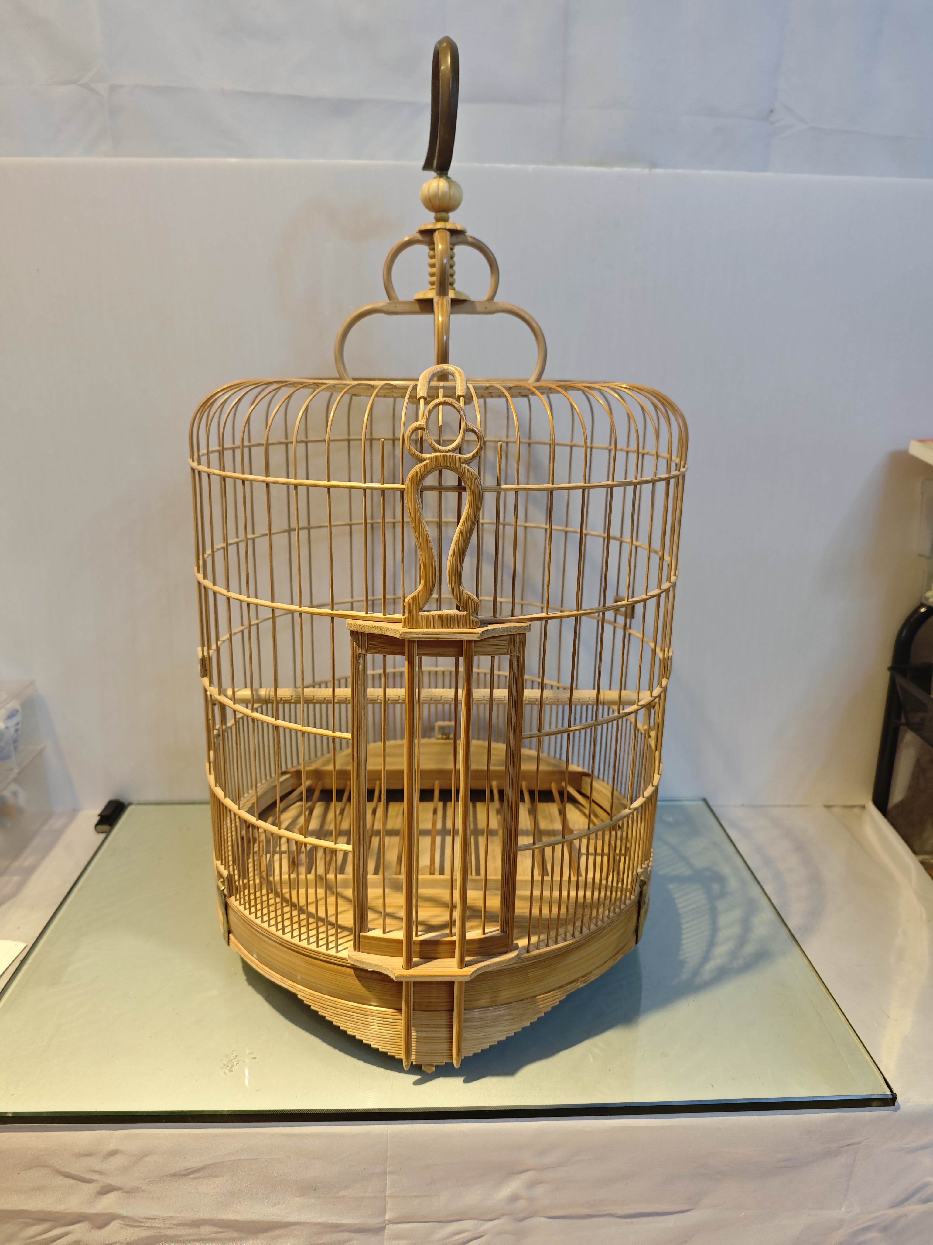 吱喳鸟笼线脚通花钎老竹留青三拉对节直径34笼身净高38.5