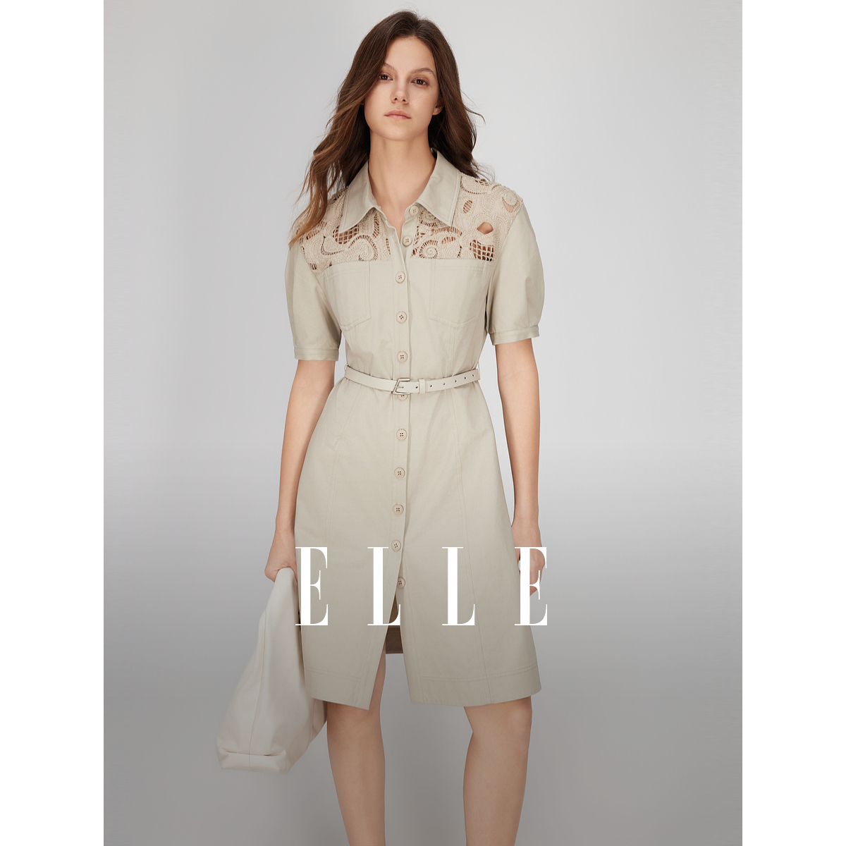 ELLE设计感收腰女装连衣裙夏季新款风感波粒EL48120