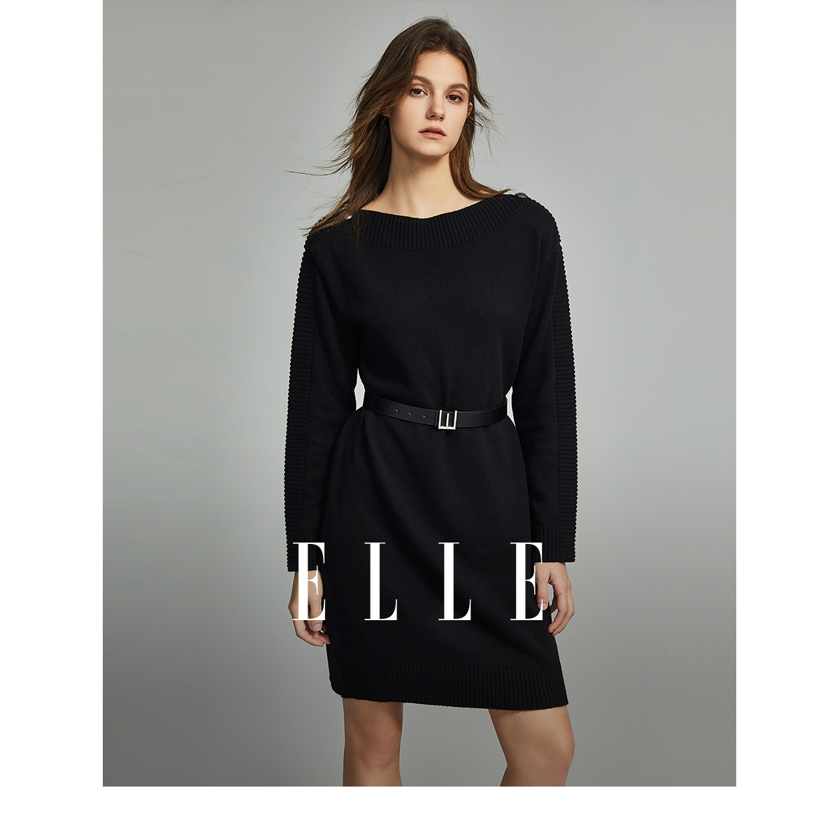 ELLE女装时尚镂空连衣裙秋季新款垂坠感气质显瘦裙子EL35992