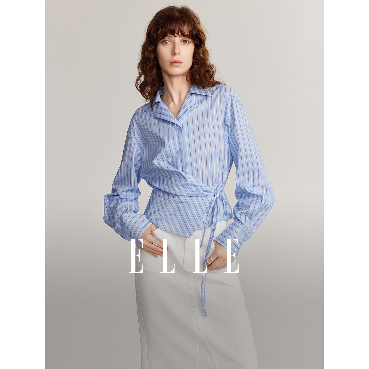 ELLE印花气质衬衫夏季新款风感波粒休闲条纹EC48259