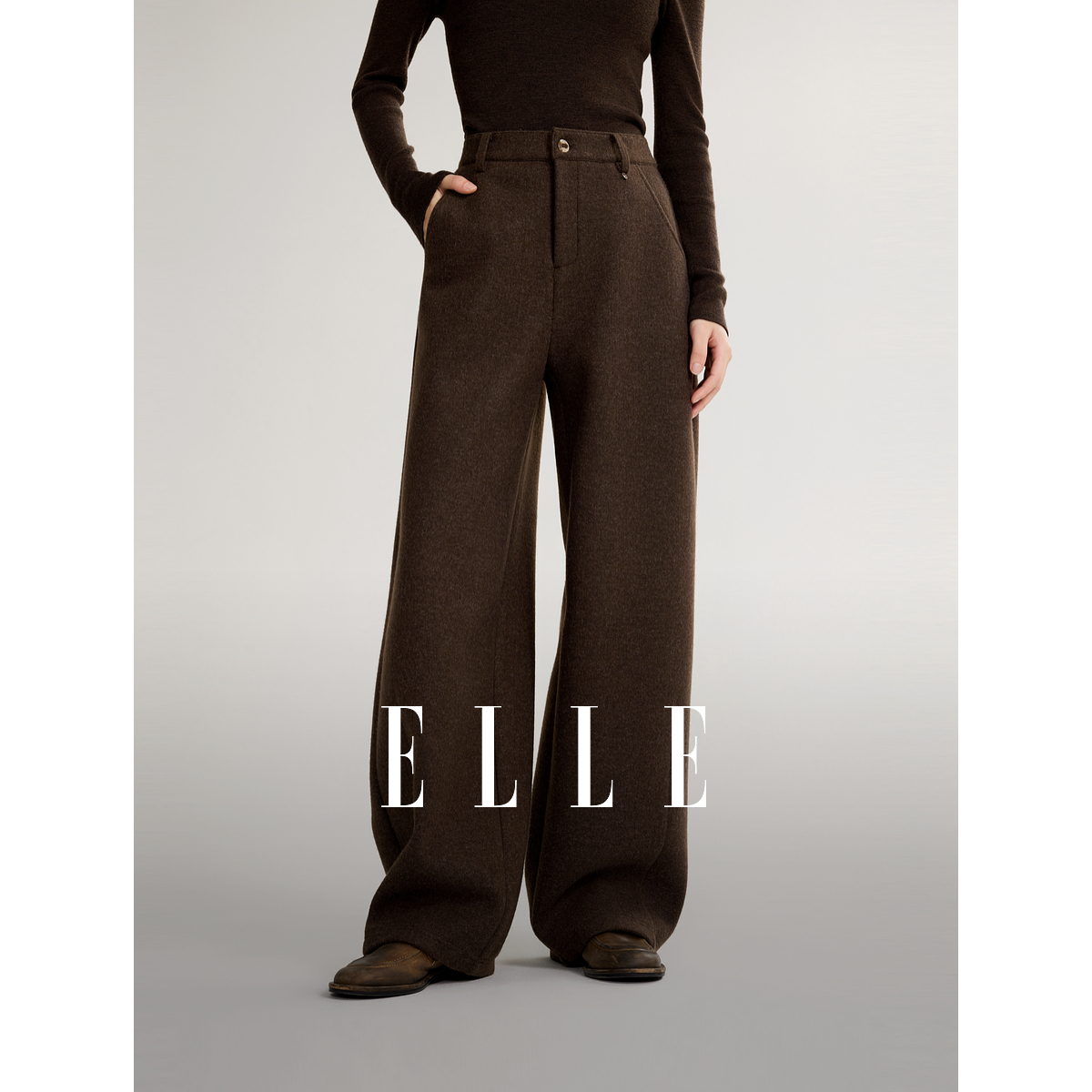 【王雪糕专属】ELLE咖色高腰宽松阔腿休闲裤24冬款裤雅丹风EK49730
