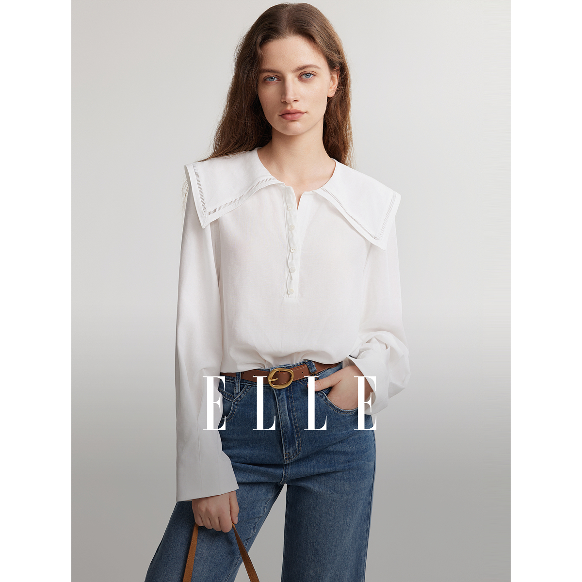 ELLE法式翻领简约气质衬衫秋季新款风感波粒EM49091