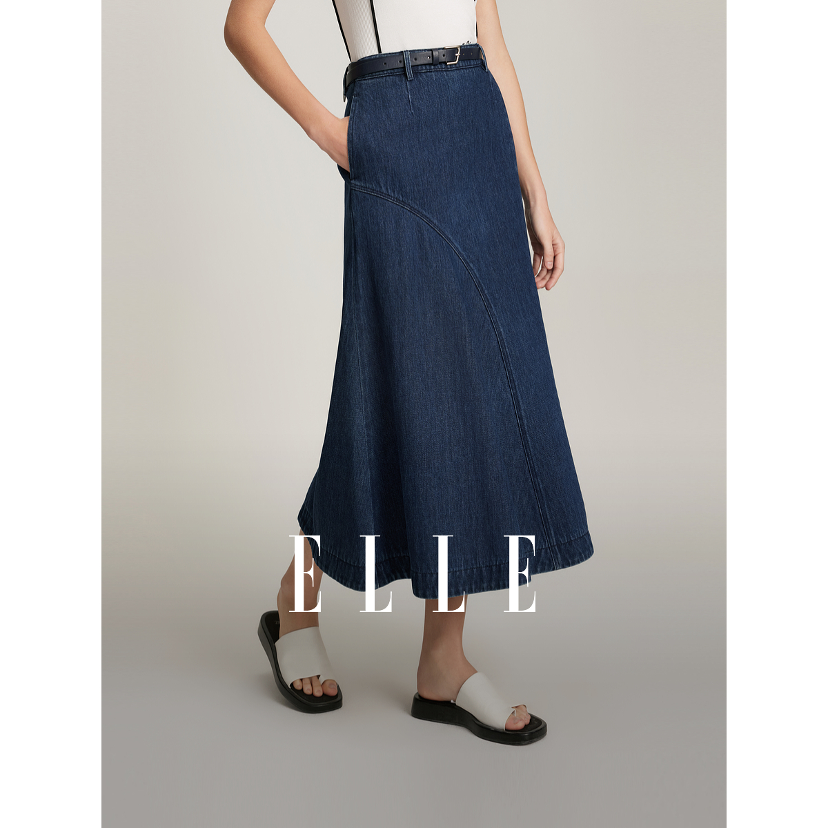 ELLE显瘦半身裙牛仔包臀裙2025春夏风感波粒复古开叉裙子ER47658