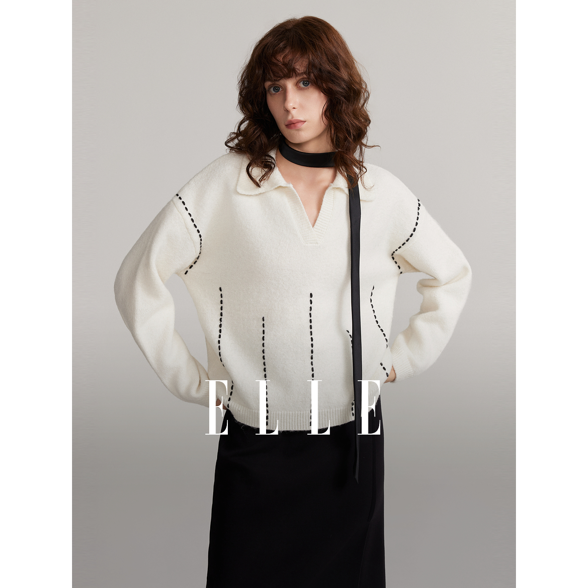 【专属】ELLE宽松V领毛针织衫24冬新款慵懒风休闲文艺EZ49863