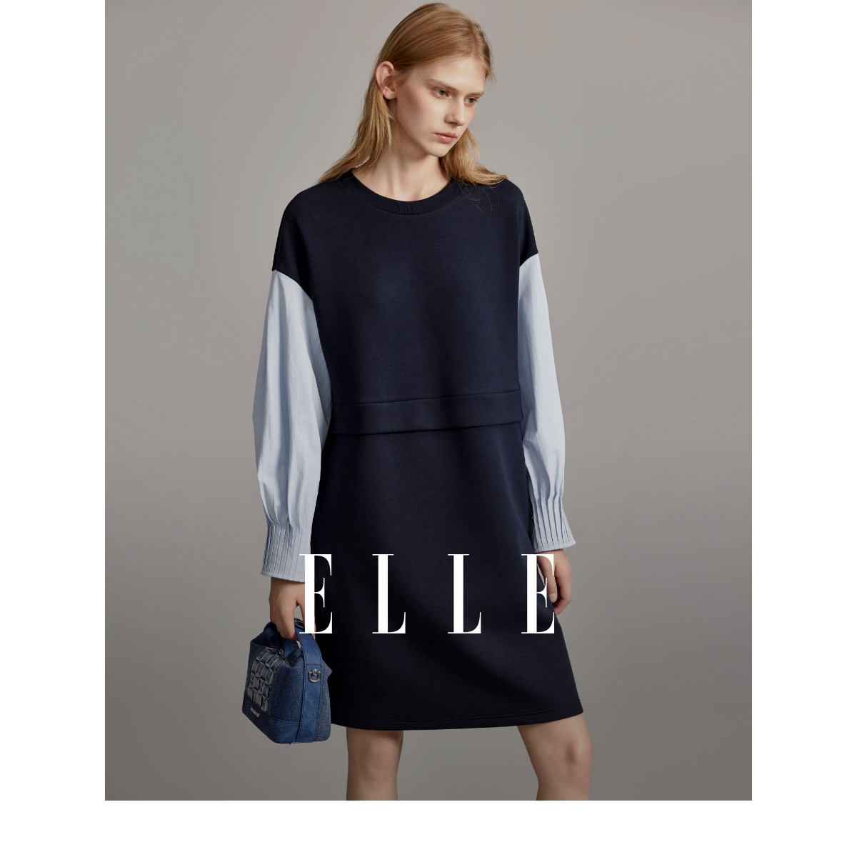 ELLE时尚连衣裙春款长袖圆领针织裙子EL36785