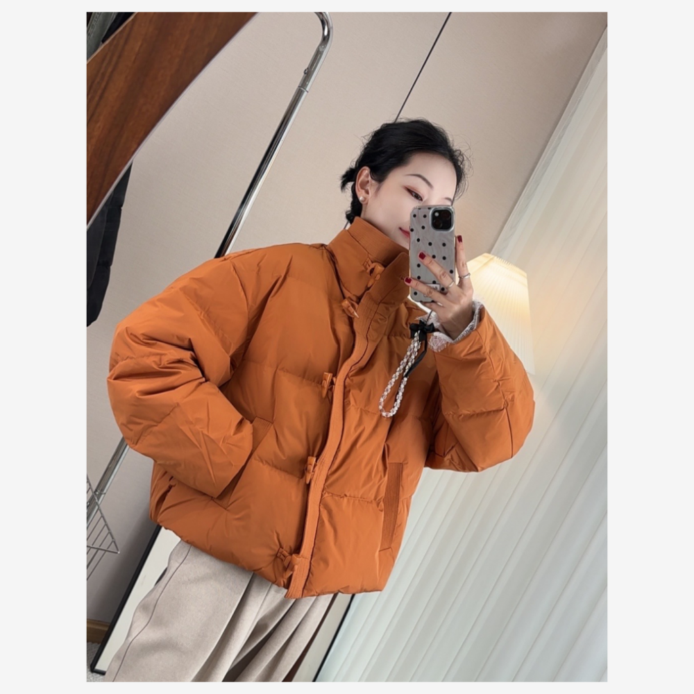 立领加厚保暖白鸭绒羽绒服女2024冬季新品南瓜色短款面包服外套