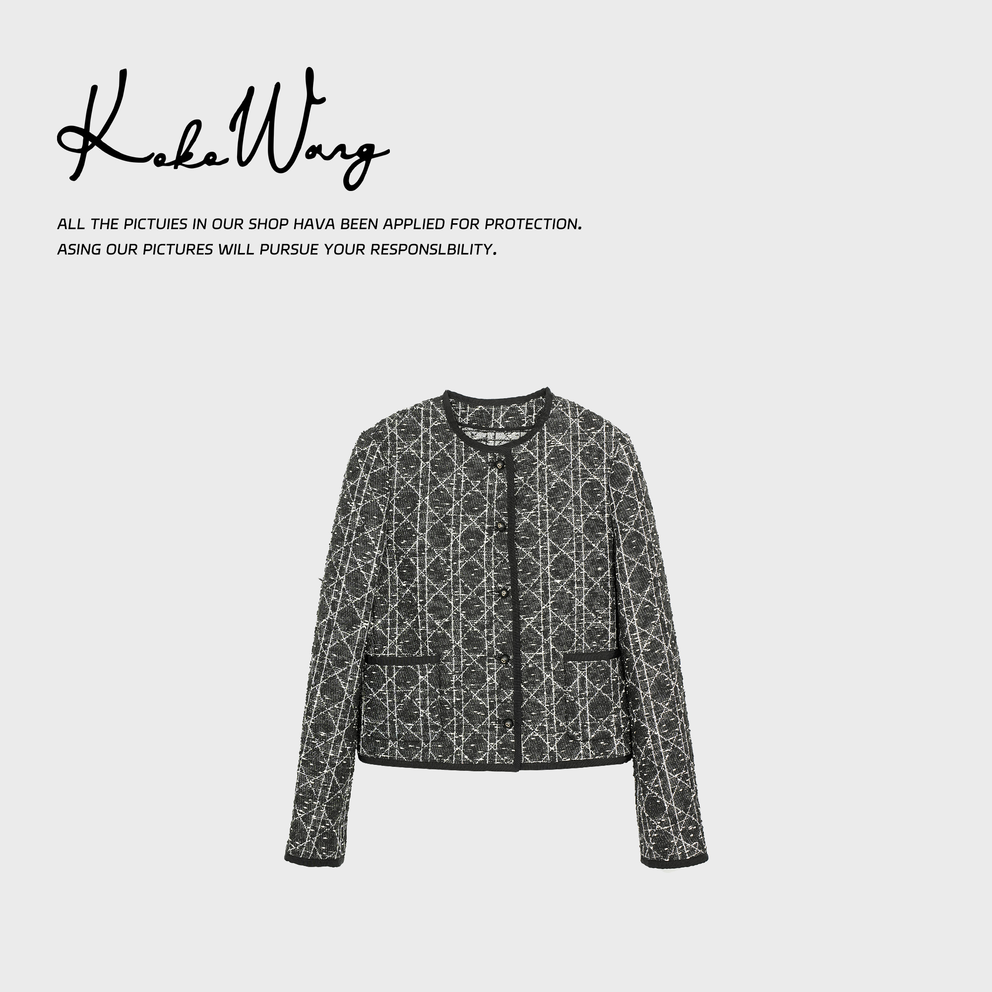 KOKO WANG早春时尚气质棱格小香风圆领百搭牛仔外套412444K16W44