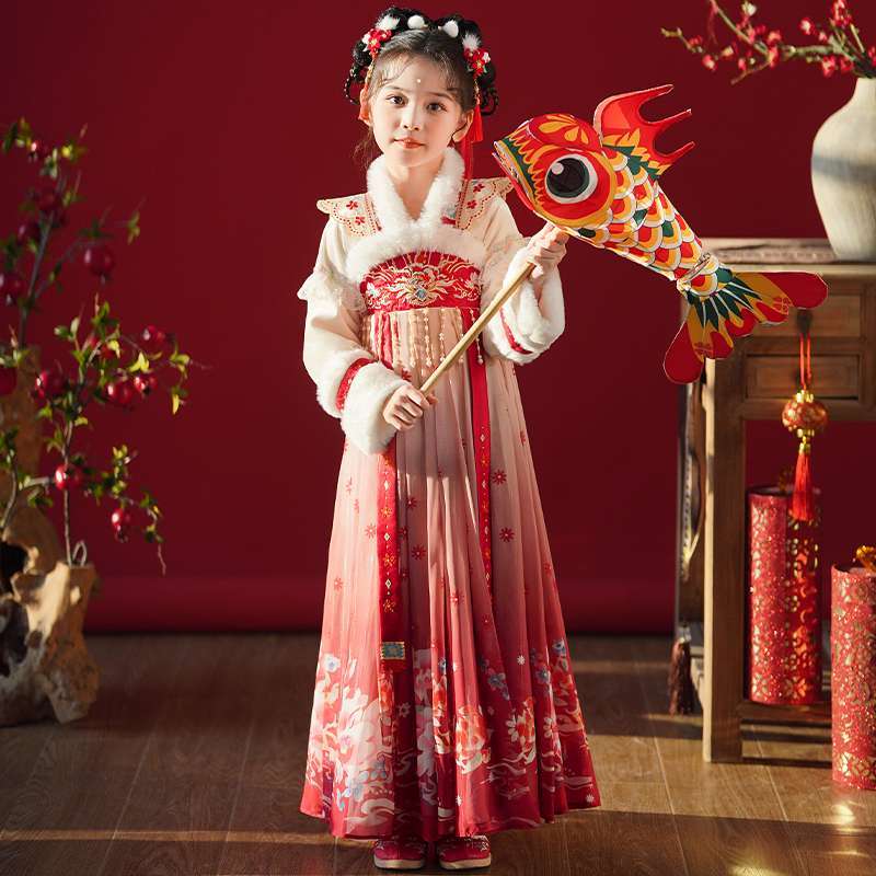 汉服女童连衣裙冬季2023新款加绒中国风超仙古装新年装拜年服儿童